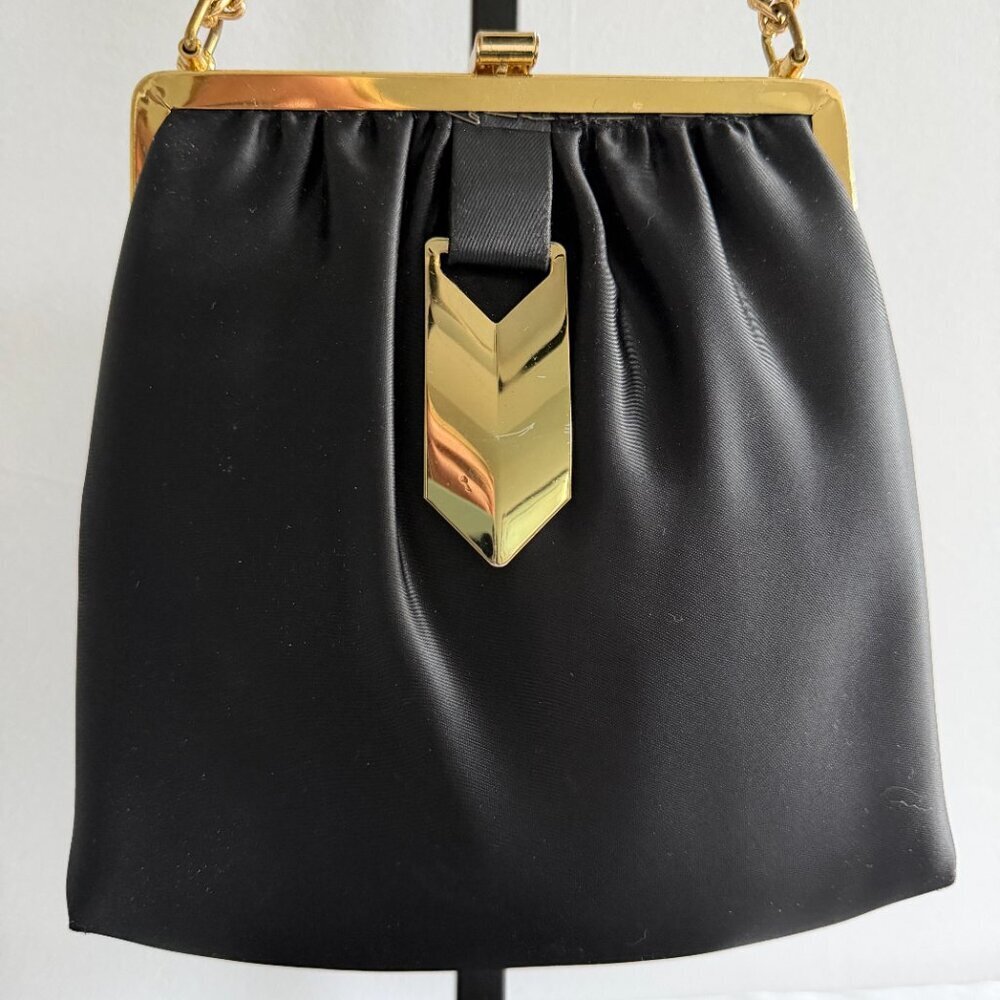 Vintage Black Satin Gold Chevron Formal Shoulder Bag 50s 60s - Picture 4 of 16